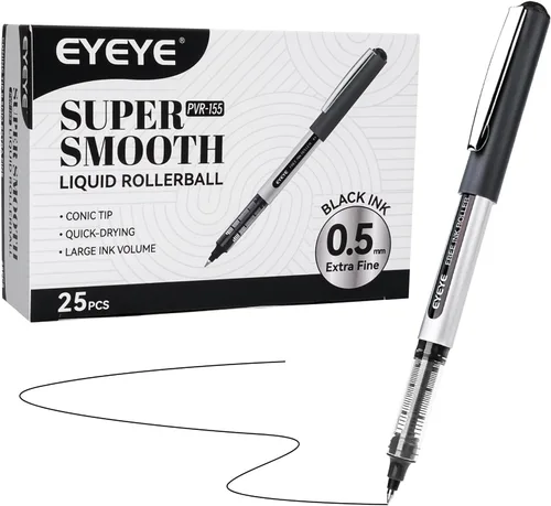 EYEYE Paquete de 25 bolígrafos de bola de tinta líquida de 0.5mm, color negro, punta extra fina, secado rápido, bolígrafos de tinta líquida de punta