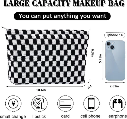 Miniatura 4 de ZLFSRQ Bolsa de maquillaje a cuadros para mujer, de gran capacidad, color negro, juego de bolsa de cosméticos de viaje, bolsa de maquillaje