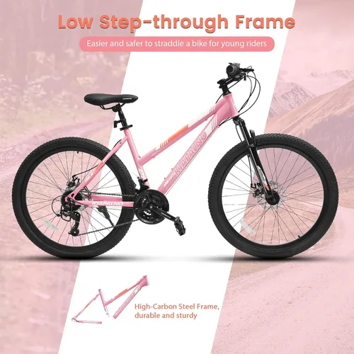 Miniatura 7 de Ecarpat 24/26 Inch Mountain Bike for Women Girls, 21-Speed Mountain Bicycle with Disc/V-Brakes and Front Fork Suspension, Carbon Steel Frame MTB Bike