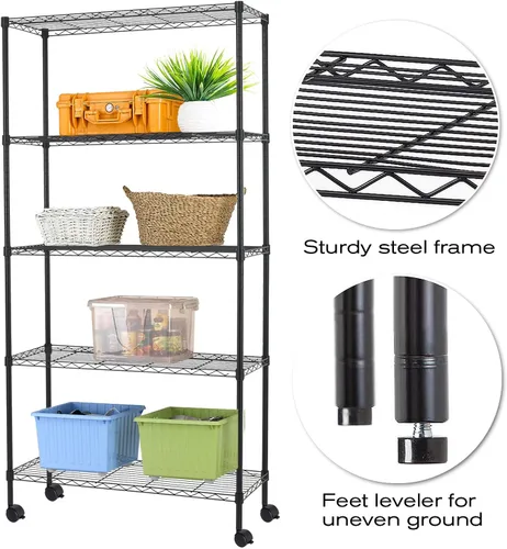 Miniatura 5 de HCY Estantería de 5 niveles con ruedas, estante de metal resistente NSF de altura ajustable para lavandería, baño, cocina, garaje, despensa, Negro