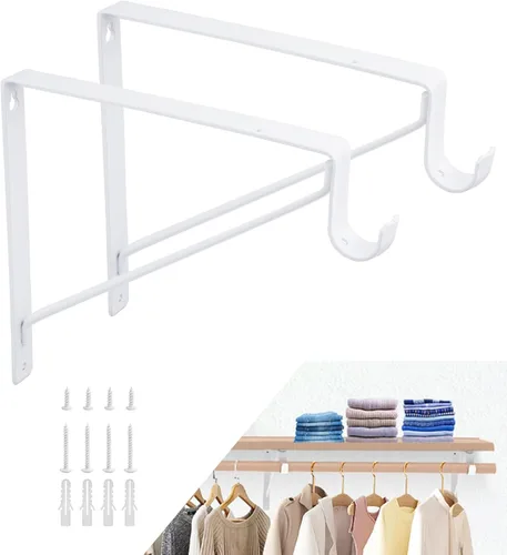 Miniatura 8 de Paquete de 2 soportes para barra de armario, estante de armario resistente y soportes de barra, soportes negros para barra de armario de 1-3/8
