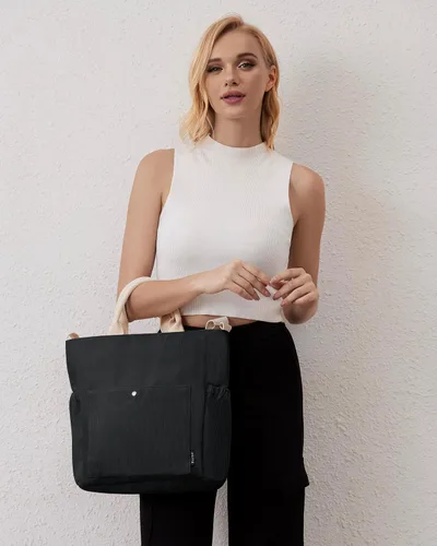 Miniatura 6 de Prite Bolso de mano de pana para mujer, bolso cruzado grande con bolsillos, bolso de mano para el trabajo, universidad, compras