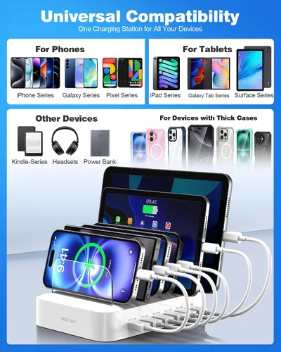 Miniatura 6 de MSTJRY Estación de carga para múltiples dispositivos: estaciones de carga USB de 6 puertos - Base de carga organizadora familiar para múltiples