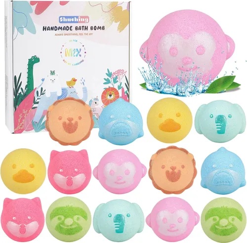 SHUCHING 14 bombas de baño de animales coloridos para niños, bolas de baño de burbujas orgánicas para niños pequeños, juego de regalos de cumpleaños