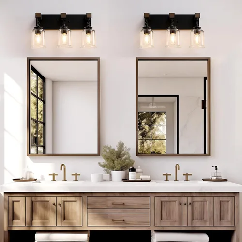 Miniatura 5 de VbiTmn Lámparas de Baño Estilo Granja, Lámpara de Tocador de Baño de 3 Luces Negro Mate, Estilo Industrial con Pantallas de Vidrio Transparente