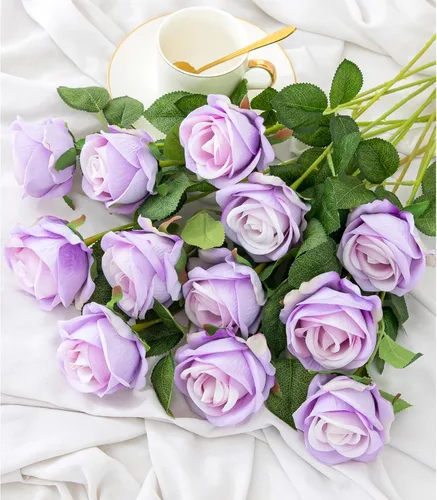 Hawesome Rosas Falsas Flores Artificiales de Seda - 12 Piezas Rosas Moradas Artificiales Flores Falsas con Tallos para Hogar Boda Centro de Mesa