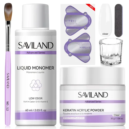 Miniatura 12 de Saviland Kit de iniciación de uñas acrílicas: polvo y líquido acrílico rosa claro nude, cepillo, limas, formularios, uñas a presión, juego