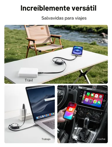 Miniatura 8 de Cable retráctil USB C a USB C (1.2 m, 2 unidades), cable de carga rápida USBC 5A de 100W, cable de carga tipo C para iPhone 17 16 15 Pro Plus Pro