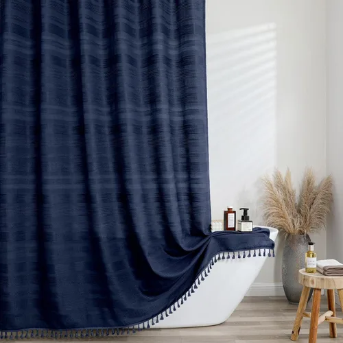 Miniatura 12 de OVZME Cortina de ducha bohemia negra, cortina de ducha estrecha de tela suave a rayas de lino texturizado con borla, moderna decoración de baño