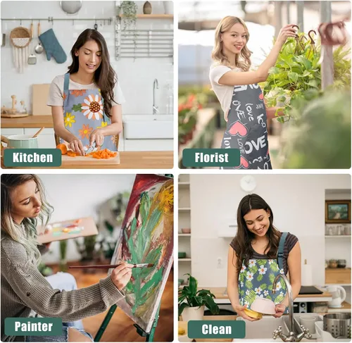Miniatura 7 de Jeffbaubl Paquete de 4 delantales florales con bolsillo, delantales de cocina ajustables, delantales impermeables para mujeres, delantales de cocina