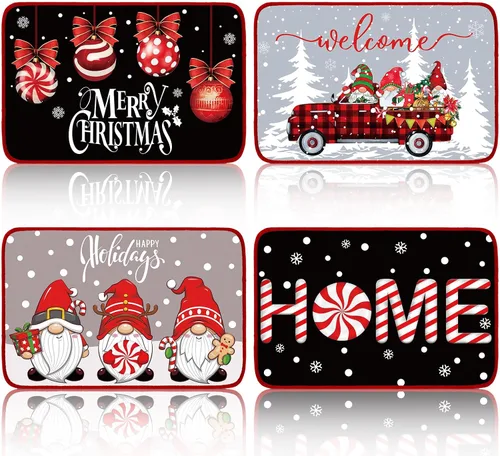 Drydiet 4 tapetes decorativos de bienvenida de Navidad, gnomo de Navidad, tapetes de goma antideslizantes, divertidos gnomos para camión, pelota de