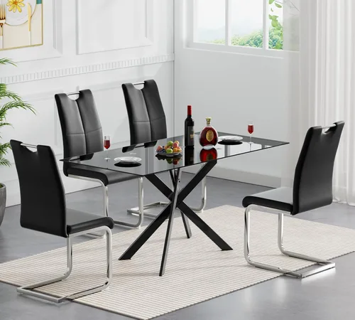 Miniatura 69 de Juego de mesa de comedor redonda de 3 piezas para 2, mesa de cocina moderna de vidrio plateado y sillas para 2 con sillas tapizadas, juego de mesa