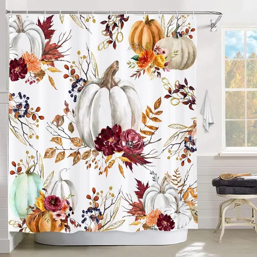 Miniatura 11 de GOOESING Cortinas de ducha de calabaza a cuadros otoñales, calabazas de otoño, hojas de arce, cortina de baño impermeable para baño, juego