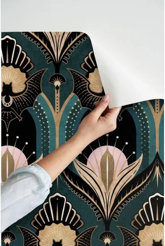 Miniatura 3 de Muestra de Papel Pintado de Pelar y Pegar Spoonflower - Elegante Art Deco Murciélagos Flores Azul Verde Oro Negro Rosa 1920S Opulento Maximalista