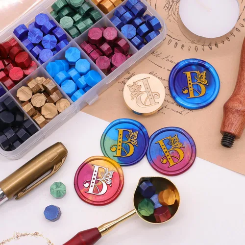 Miniatura 2 de SWANGSA Kit de sello de cera inicial del alfabeto B, sello de sellado de letras de mariposa vintage con 200 cuentas de cera de sellado