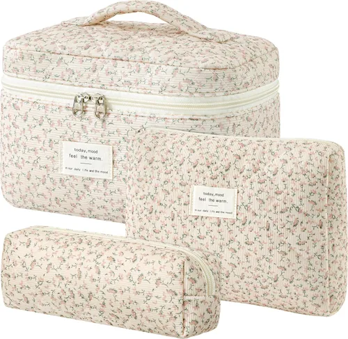 Miniatura 10 de HBselect Bolsa de maquillaje acolchada, 3 piezas de algodón grande, bolsa de maquillaje de viaje, bonita bolsa de maquillaje floral de coqueta