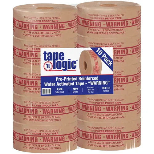 Ship Now Supply Tape Logic #7500 Cinta activada por agua reforzada preimpresa, advertencia, 3 pulgadas x 450 pies