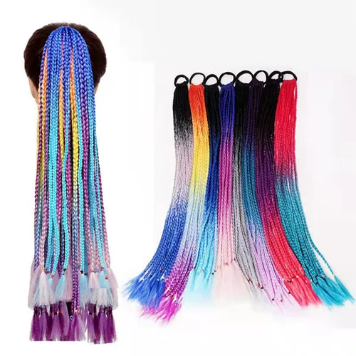 Miniatura 4 de Extensiones de cabello trenzado para cola de caballo con banda para el cabello, accesorios de día locos, pelucas de trenzas coloridas, cola