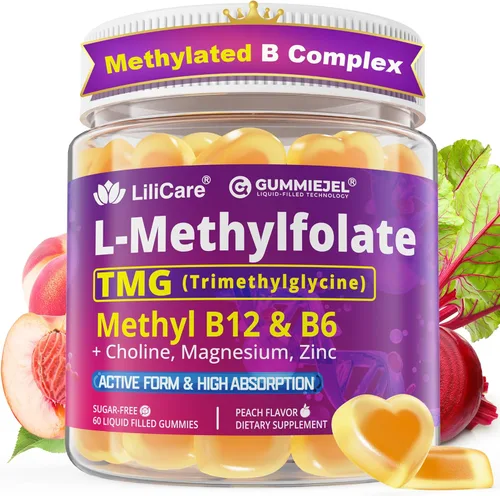 Gomitas L-metilfolato de 15 mg 7.5 mg y B12 1000 mcg, complejo B metilado + TMG, magnesio, colina - activo 5-MTHF (B9) + metil B12, B6,