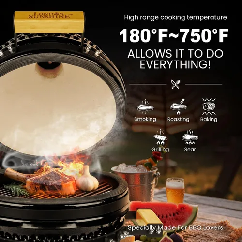 Miniatura 2 de Parrilla Kamado de cerámica mejorada de 13 pulgadas con tapa de ventilación de aire impermeable, ahumador portátil de carbón de mesa para cocinar al