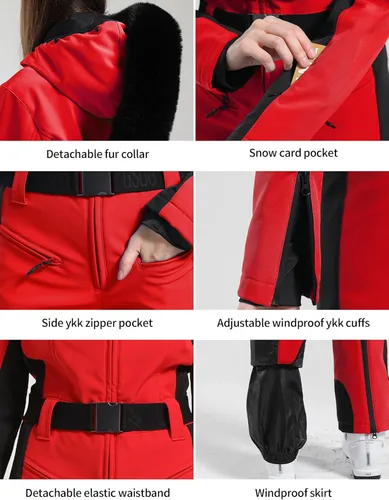Miniatura 76 de GSOU SNOW Traje de esquí para mujer, traje de nieve de una pieza, para snowboard, delgado, aislante, impermeable, resistente al viento