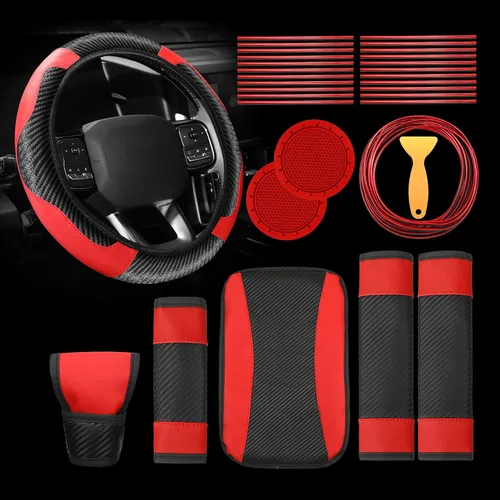 Riakrum 30 piezas de set de accesorios para automóvil rojo y negro, cubierta de volante de cuero PU, accesorios para interior de auto, regalo, tiras