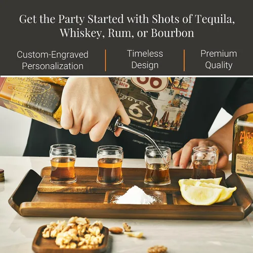 Miniatura 7 de Juego de bandejas de vuelo de tequila de madera rústica, tabla de degustación con 4 vasos de chupito y posavasos, muestra de cóctel para fiestas