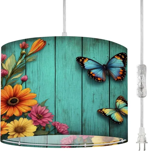 Miniatura 8 de Boho Plug in Pendant Light Sleek Black Cats Vibrant Atomic Patterns 1960s Design 16.4ft Plug in Cord Dimmable Hanging Lamp Fabric Lamp Shade Pendant