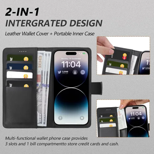 Miniatura 6 de Funda de piel sintética 2 en 1 para iPhone 13 PRO MAX, funda de piel sintética desmontable con soporte para tarjetas, funda extraíble con bloqueo