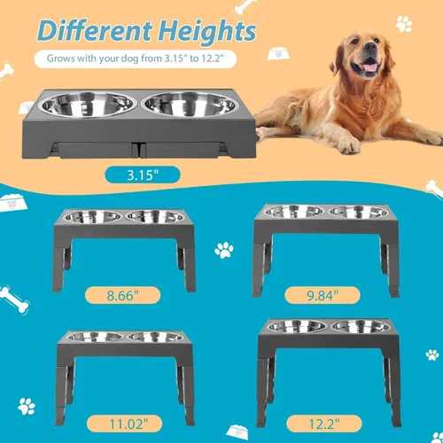 Miniatura 5 de Niubya Cuencos elevados para perros con 2 cuencos de comida de acero inoxidable para perros, cuenco elevado para perros que se ajusta a 5 alturas
