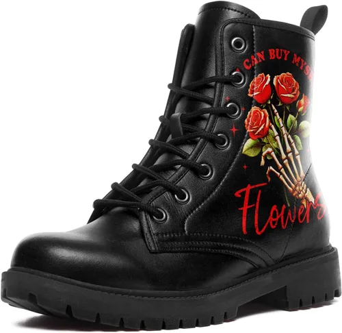 Miniatura 12 de Botines de combate para mujer, con estampado de corazón, botines cortos de moda con rosas y calavera, botas de trabajo duraderas con cordones