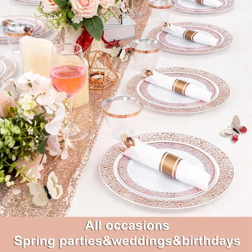 Miniatura 7 de Vajilla de plástico desechable de color dorado rosado, incluye: 50 platos de cena, 50 platos de postre, 50 servilletas enrolladas con cubiertos