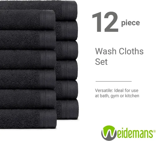 Miniatura 2 de Juego de 12 paños de 100 % algodón de 13 x 13 pulgadas, toallas negras, ultra suaves y altamente absorbentes, para baño, gimnasio, spa, lavables a