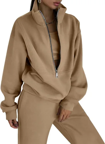 Miniatura 8 de COZYPOIN Conjunto deportivo de 2 piezas para mujer, sudadera de forro polar con cremallera media y pantalones de chándal de forro polar