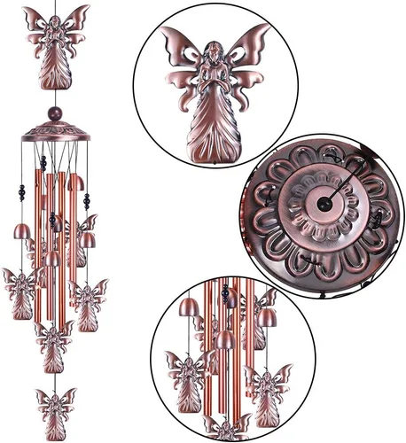 Miniatura 2 de Campanillas de viento de ángel de jardín de 36 pulgadas para decoración interior y exterior, con 4 tubos de aluminio, 6 campanas, 7 ángeles