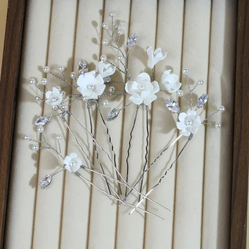 Miniatura 5 de 5 horquillas hechas a mano con perlas para el cabello, 5 unidades, flores blancas, circón, accesorios para el cabello para mujeres, novias, damas