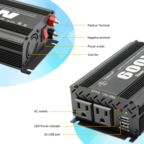 Miniatura 2 de 600W Inversor de corriente CC 12V a CA (2 tomas) 110V Cargador de coche Adaptador convertidor del inversor con puertos de carga USB duales de 4.2A