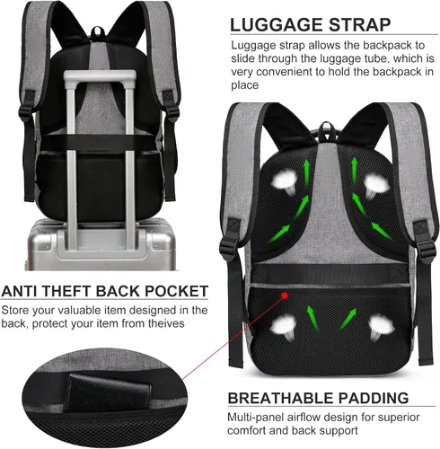Miniatura 5 de Mochila escolar, mochila grande para adolescentes y niños, mochila delgada para laptop de negocios con puerto de carga USB, bolsa de libros de Gris