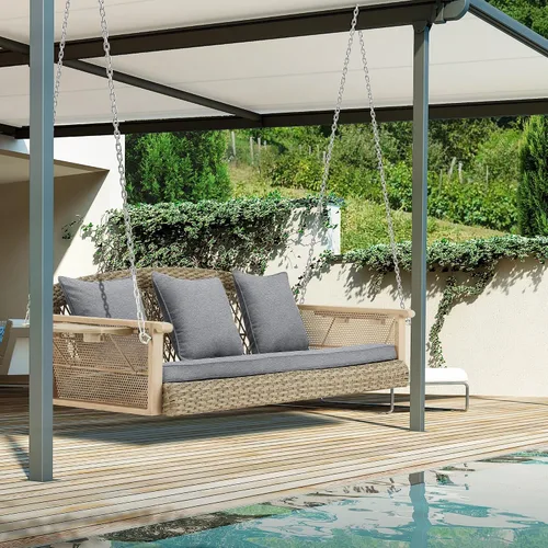 Miniatura 5 de HOMREST Columpio de mimbre para porche para 3 personas con portavasos mejorado, silla colgante de 56 pulgadas con cojines, columpio al aire libre