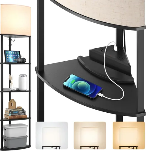 Miniatura 11 de addlon Lámpara de pie con estantes, lámpara de esquina ajustable de 5 niveles con 3 temperaturas de color y pantalla de lino, lámparas de pie Negro