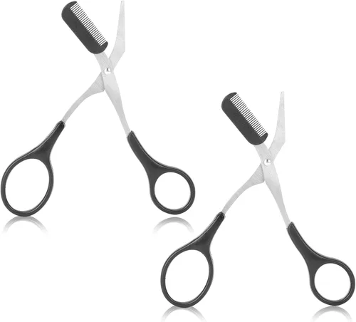 KALIONE Tijeras profesionales para recortar cejas con peine, acero inoxidable, negro, ambidiestro, borde recto, 2 unidades, perfectas para hombres y