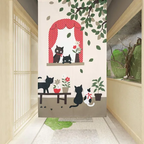 Miniatura 2 de RLoncomix Cortina japonesa Noren larga para puerta con estampado de gato feliz, cortina de puerta familiar, tapiz divisor de habitación, decoración