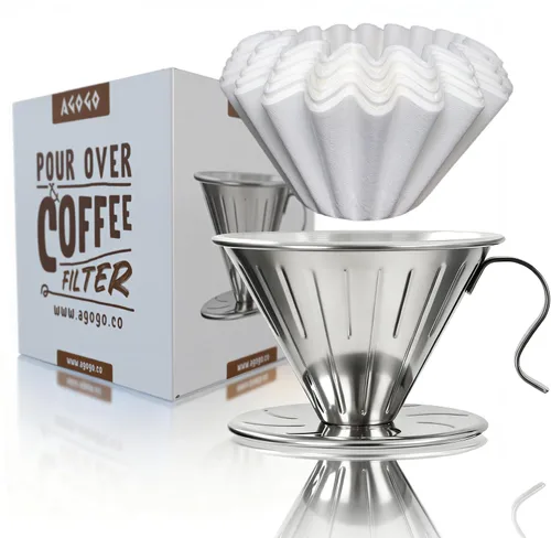 Miniatura 14 de AGOGO Cafetera portátil de goteo V60 - Juego fácil de limpieza compacto gotero de acero inoxidable 304 para acampar y 50 filtros de papel y paño