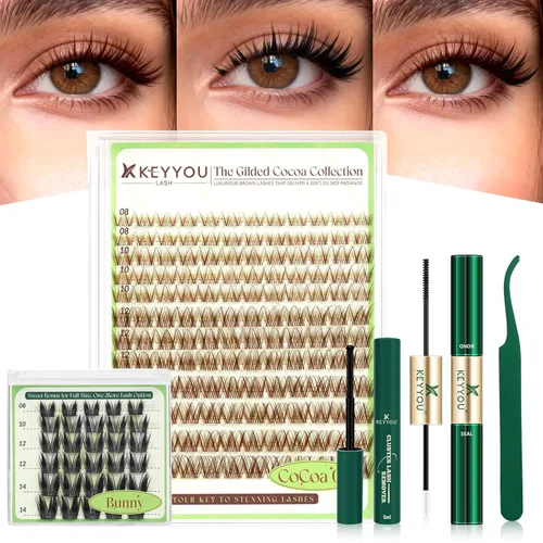 Miniatura 10 de KEYYOU Brown Velure - Kit de racimos de pestañas de terciopelo – Natural Wispy C Curl Manga 0.315-0.630 in, kit de extensión de pestañas incluye