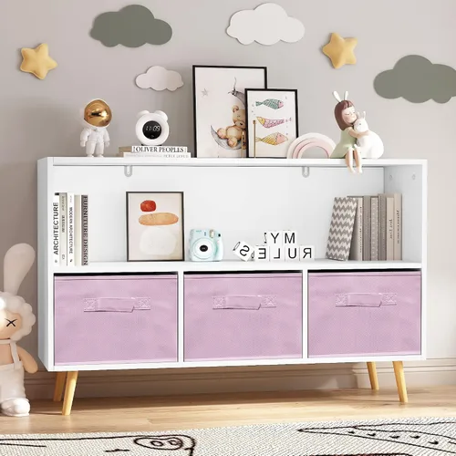 Miniatura 8 de Estantería para niños con 3 cajones de tela plegables y estantes abiertos, armario de almacenamiento moderno de madera, armario de almacenamiento