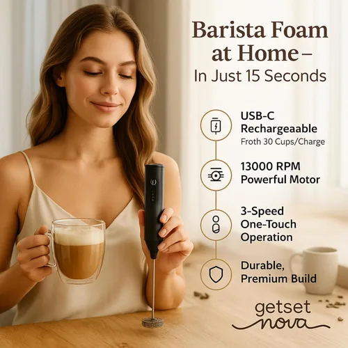 Miniatura 3 de Espumador de Leche para Café, Espumador Recargable Eléctrico de Mano con Varilla Dual y Batidor, 3 Configuraciones de Velocidad, Carga Rápida
