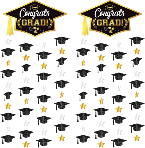 Miniatura 6 de Decoraciones de graduación 2026 – Paquete de 2, 3.3 x 6.5 pies, cortina de flecos de lámina metálica con tapa de graduación, decoraciones de gorra