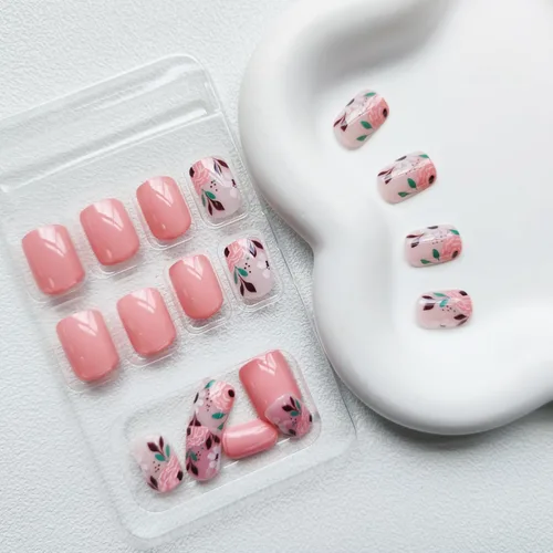 Miniatura 3 de Uñas postizas a presión de otoño, uñas postizas cuadradas cortas de cobertura completa con diseño de flores rosas, lindas uñas acrílicas brillantes
