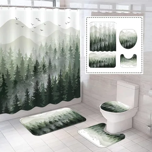 Miniatura 10 de Fungarth Juego de 4 cortinas de ducha de bosque brumoso negro y blanco con alfombra, juegos de baño de montaña con cortina de ducha de tela
