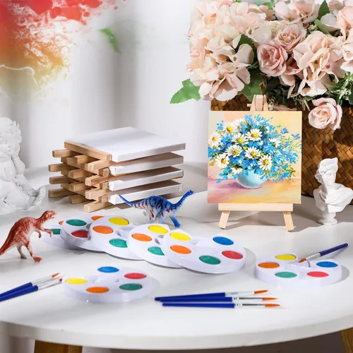 Miniatura 5 de Crtiin Mini juego de pintura de acuarela, regalos de 4 x 4 pulgadas, pequeños kits de pintura en lienzo con pinturas de caballete, pincel, fiesta